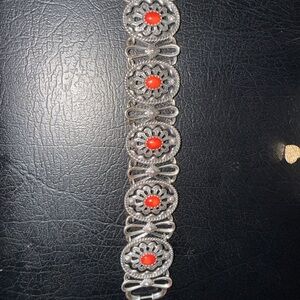 Silver and Red Coral filagree Bracelet Sterling Silver 925